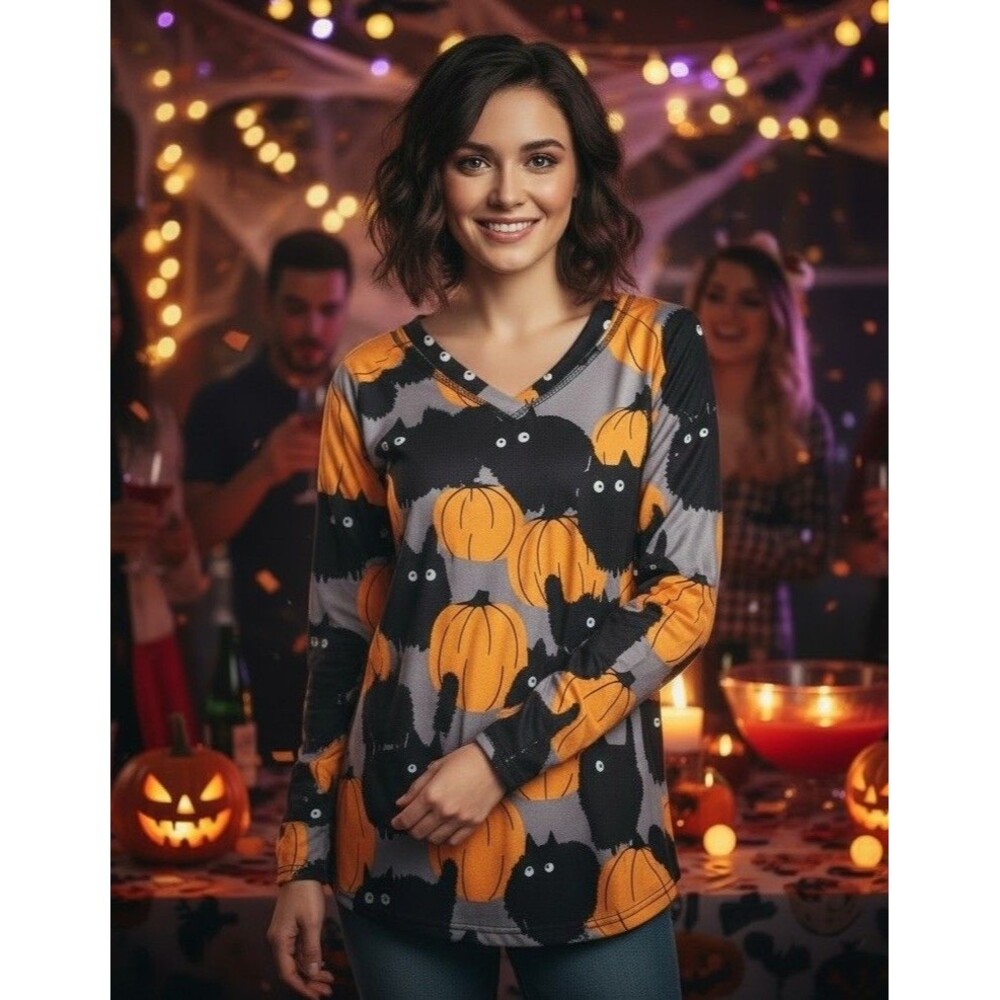 NORACORA Womens XL Halloween Cat Pumpkin Long Sleeve Shirt Autumn Cat Lover!